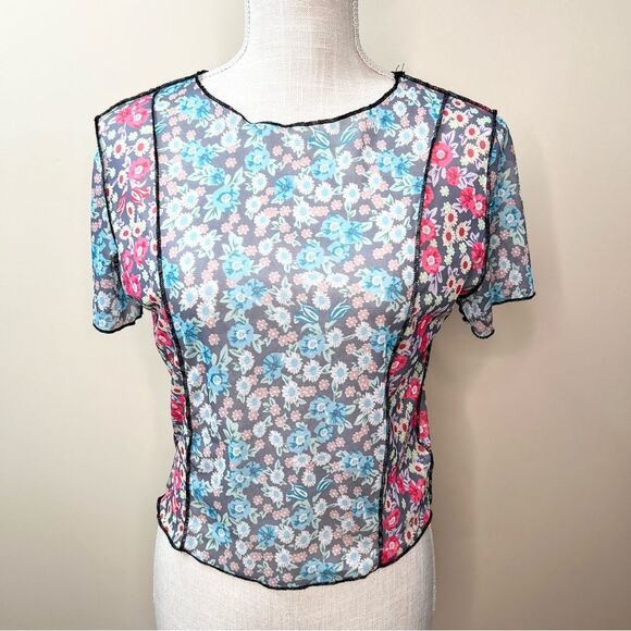 NWT Y2K Ardene Floral Mesh Patchwork Semi Sheer Short Sleeved Top Large - Picture 1 of 8
